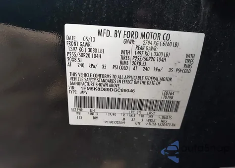 2013 Ford Explorer Xlt z USA, uszkodzony, nr VIN 1FM5K8D89DGC89046